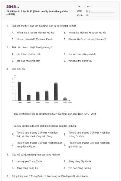 Đề thi Học kì 2 Địa Lí 11 (Đề 4 - có đáp án và thang điểm chi tiết)