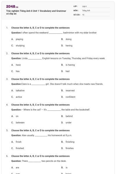 Trắc nghiệm Tiếng Anh 6 Unit 1 Vocabulary and Grammar có đáp án