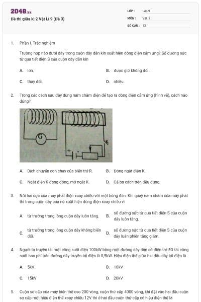 Đề thi giữa kì 2 Vật Lí 9 (Đề 3)