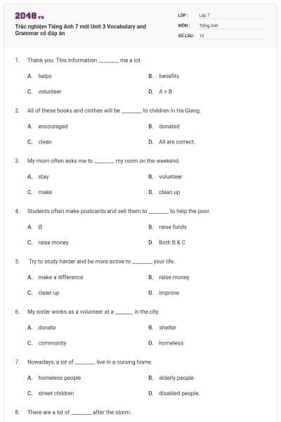 Trắc nghiệm Tiếng Anh 7 mới Unit 3 Vocabulary and Grammar có đáp án