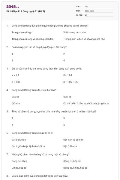 Đề thi Học kì 2 Công nghệ 11 (Đề 3)
