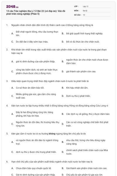 13 câu Trắc nghiệm Địa Lí 12 Bài 22 (có đáp án): Vấn đề phát triển nông nghiệp (Phần 5)