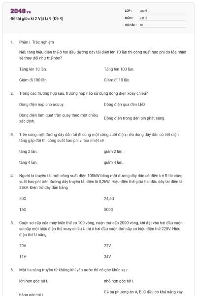 Đề thi giữa kì 2 Vật Lí 9 (Đề 4)