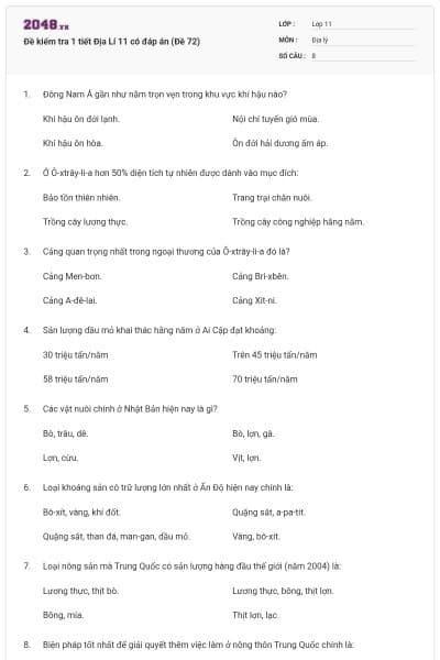 Đề kiểm tra 1 tiết Địa Lí 11 có đáp án (Đề 72)