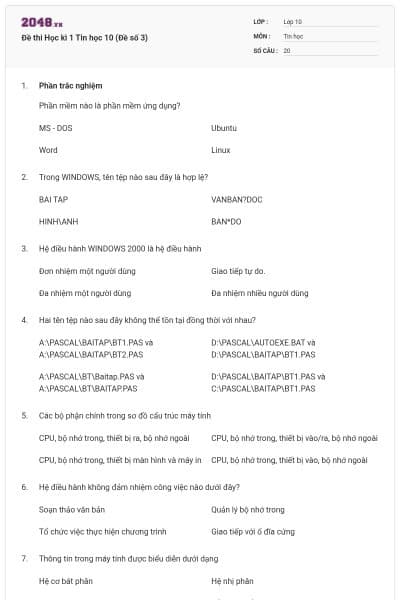 Đề thi Học kì 1 Tin học 10 (Đề số 3)