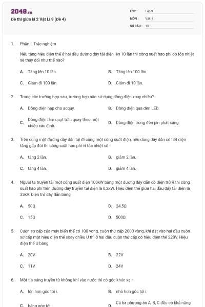 Đề thi giữa kì 2 Vật Lí 9 (Đề 4)