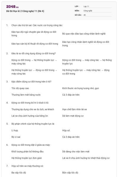 Đề thi Học kì 2 Công nghệ 11 (Đề 4)