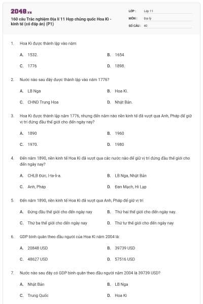 160 câu Trắc nghiệm Địa lí 11 Hợp chủng quốc Hoa Kì - kinh tế (có đáp án) (P1)