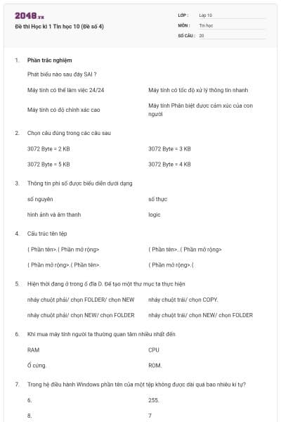 Đề thi Học kì 1 Tin học 10 (Đề số 4)