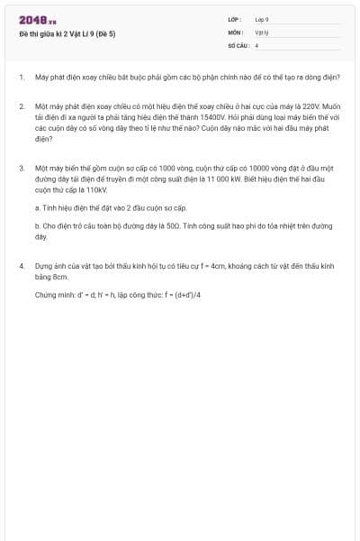 Đề thi giữa kì 2 Vật Lí 9 (Đề 5)