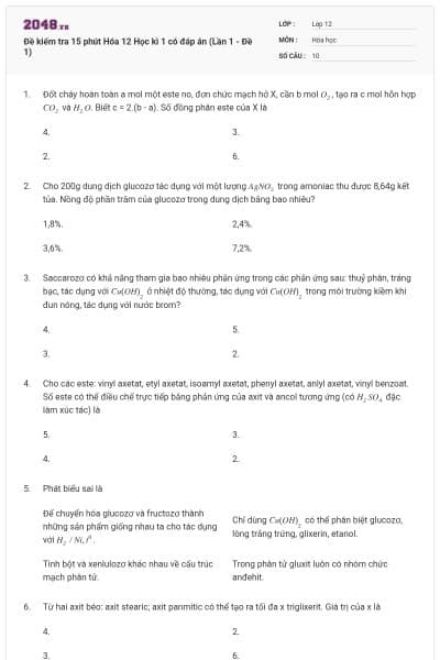 Đề kiểm tra 15 phút Hóa 12 Học kì 1 có đáp án (Lần 1 - Đề 1)