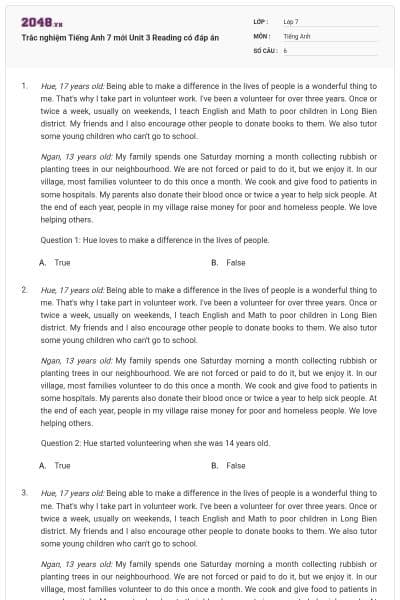 Trắc nghiệm Tiếng Anh 7 mới Unit 3 Reading có đáp án