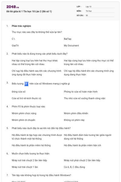Đề thi giữa kì 1 Tin học 10 Lần 2 (Đề số 1)