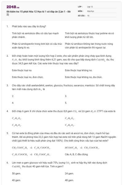 Đề kiểm tra 15 phút Hóa 12 Học kì 1 có đáp án (Lần 1 - Đề 2)