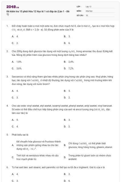 Đề kiểm tra 15 phút Hóa 12 Học kì 1 có đáp án (Lần 1 - Đề 1)