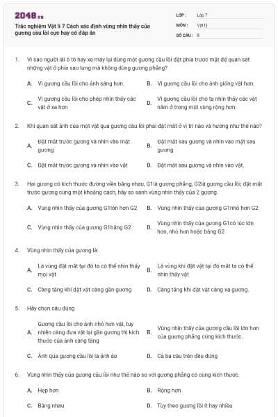 Trắc nghiệm Vật li 7 Cách xác định vùng nhìn thấy của gương cầu lồi cực hay có đáp án