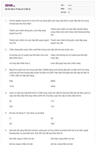 Đề thi Vật Lí 9 Học kì 2 (Đề 2)