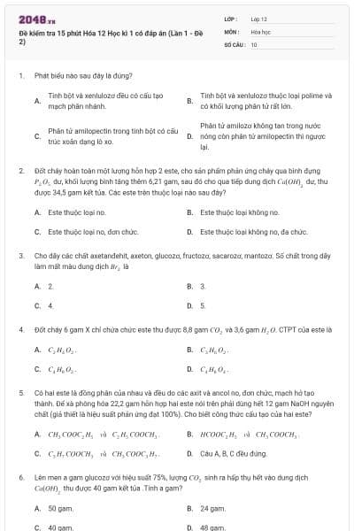 Đề kiểm tra 15 phút Hóa 12 Học kì 1 có đáp án (Lần 1 - Đề 2)