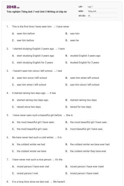 Trắc nghiệm Tiếng Anh 7 mới Unit 3 Writing có đáp án