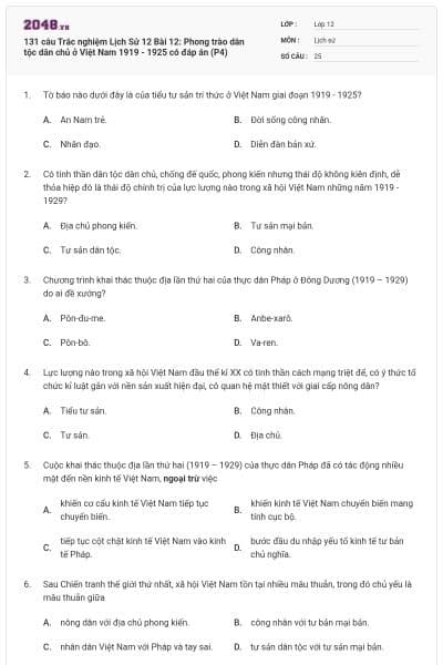 131 câu Trắc nghiệm Lịch Sử 12 Bài 12: Phong trào dân tộc dân chủ ở Việt Nam 1919 - 1925 có đáp án (P4)