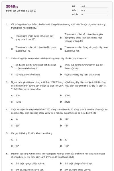 Đề thi Vật Lí 9 Học kì 2 (Đề 2)