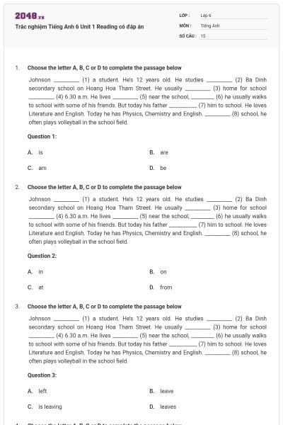 Trắc nghiệm Tiếng Anh 6 Unit 1 Reading có đáp án