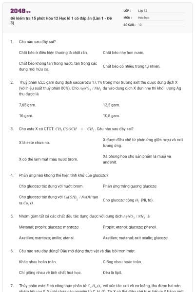 Đề kiểm tra 15 phút Hóa 12 Học kì 1 có đáp án (Lần 1 - Đề 3)