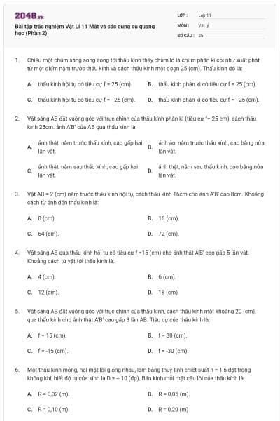 Bài tập trắc nghiệm Vật Lí 11 Mắt và các dụng cụ quang học (Phần 2)