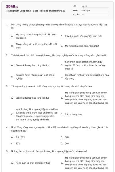 Trắc nghiệm Công nghệ 10 Bài 1 (có đáp án): Bài mở đầu