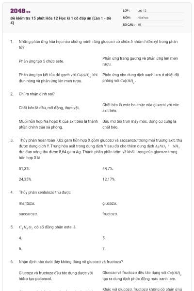 Đề kiểm tra 15 phút Hóa 12 Học kì 1 có đáp án (Lần 1 - Đề 4)