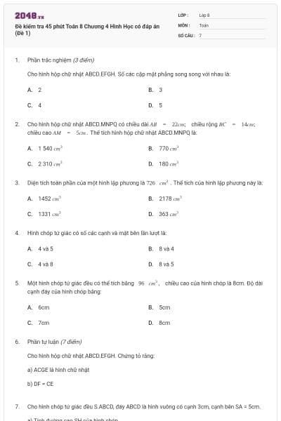 Đề kiểm tra 45 phút Toán 8 Chương 4 Hình Học có đáp án (Đề 1)