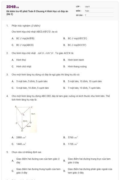 Đề kiểm tra 45 phút Toán 8 Chương 4 Hình Học có đáp án (Đề 2)