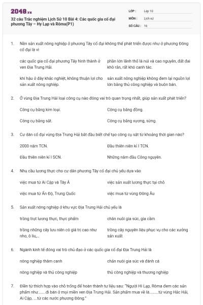 32 câu Trắc nghiệm Lịch Sử 10 Bài 4: Các quốc gia cổ đại phương Tây – Hy Lạp và Rôma(P1)