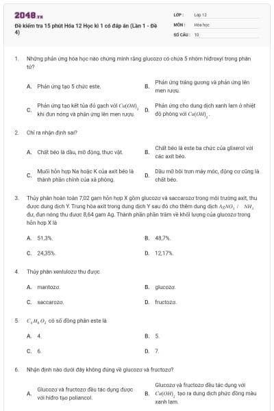 Đề kiểm tra 15 phút Hóa 12 Học kì 1 có đáp án (Lần 1 - Đề 4)