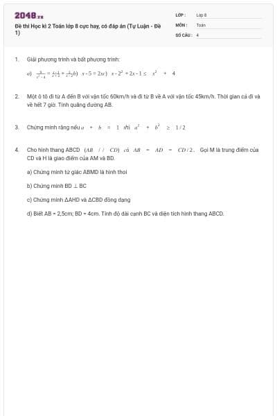 Đề thi Học kì 2 Toán lớp 8 cực hay, có đáp án (Tự Luận - Đề 1)