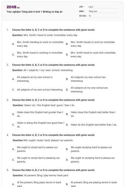 Trắc nghiệm Tiếng Anh 6 Unit 1 Writing có đáp án
