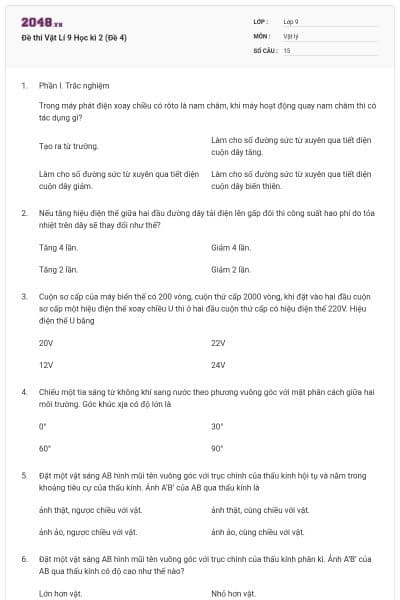 Đề thi Vật Lí 9 Học kì 2 (Đề 4)
