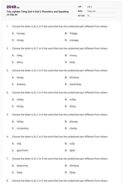 Trắc nghiệm Tiếng Anh 6  Unit 2 Phonetics and Speaking có đáp án