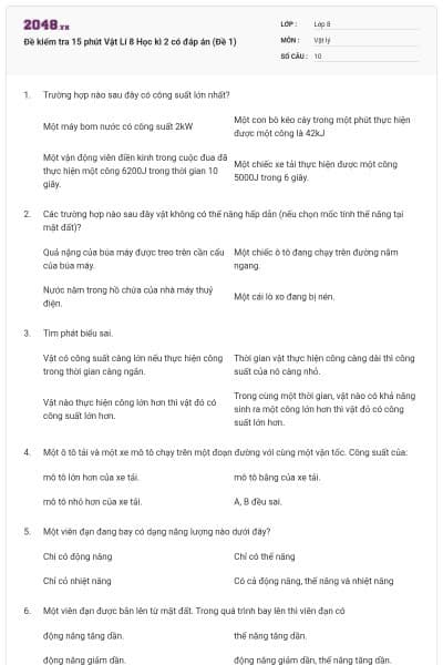 Đề kiểm tra 15 phút Vật Lí 8 Học kì 2 có đáp án (Đề 1)