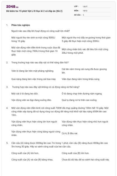 Đề kiểm tra 15 phút Vật Lí 8 Học kì 2 có đáp án (Đề 2)