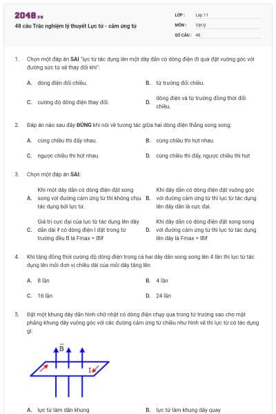 48 câu Trắc nghiệm lý thuyết Lực từ - cảm ứng từ