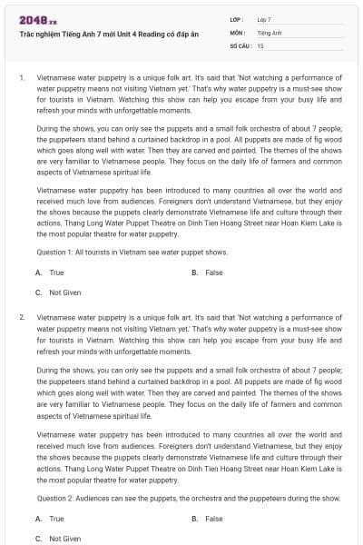 Trắc nghiệm Tiếng Anh 7 mới Unit 4 Reading có đáp án