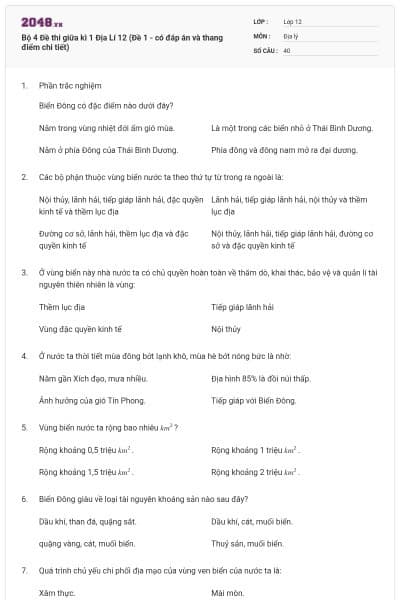 Bộ 4   Đề thi giữa kì 1 Địa Lí 12 (Đề 1 - có đáp án và thang điểm chi tiết)