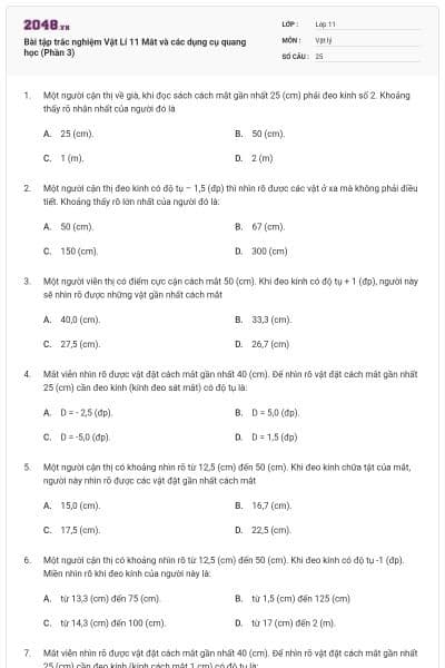 Bài tập trắc nghiệm Vật Lí 11 Mắt và các dụng cụ quang học (Phần 3)