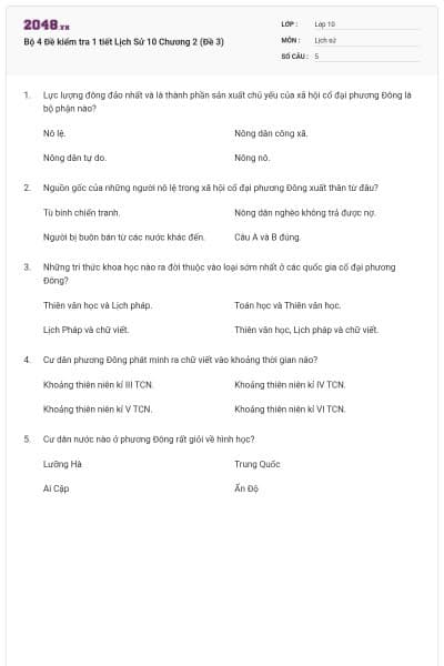 Bộ 4  Đề kiểm tra 1 tiết Lịch Sử 10 Chương 2 (Đề 3)