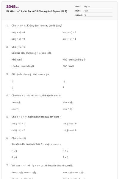 Đề kiểm tra 15 phút Đại số 10 Chương 6 có đáp án (Đề 1)