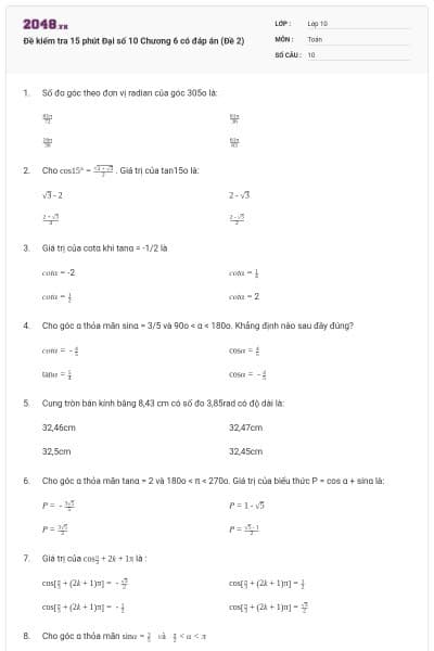 Đề kiểm tra 15 phút Đại số 10 Chương 6 có đáp án (Đề 2)