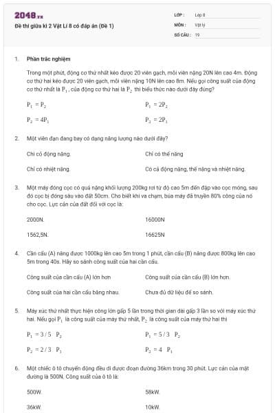 Đề thi giữa kì 2 Vật Lí 8 có đáp án (Đề 1)