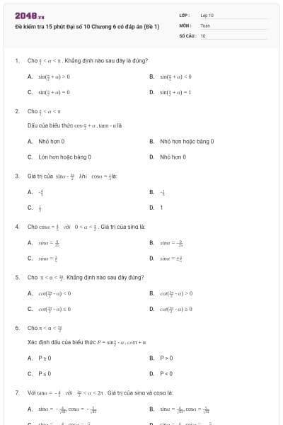 Đề kiểm tra 15 phút Đại số 10 Chương 6 có đáp án (Đề 1)