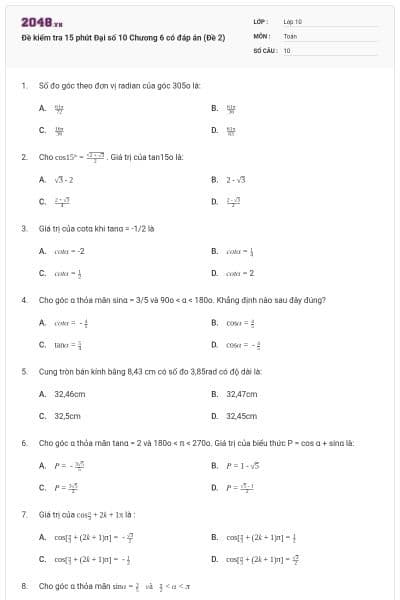 Đề kiểm tra 15 phút Đại số 10 Chương 6 có đáp án (Đề 2)